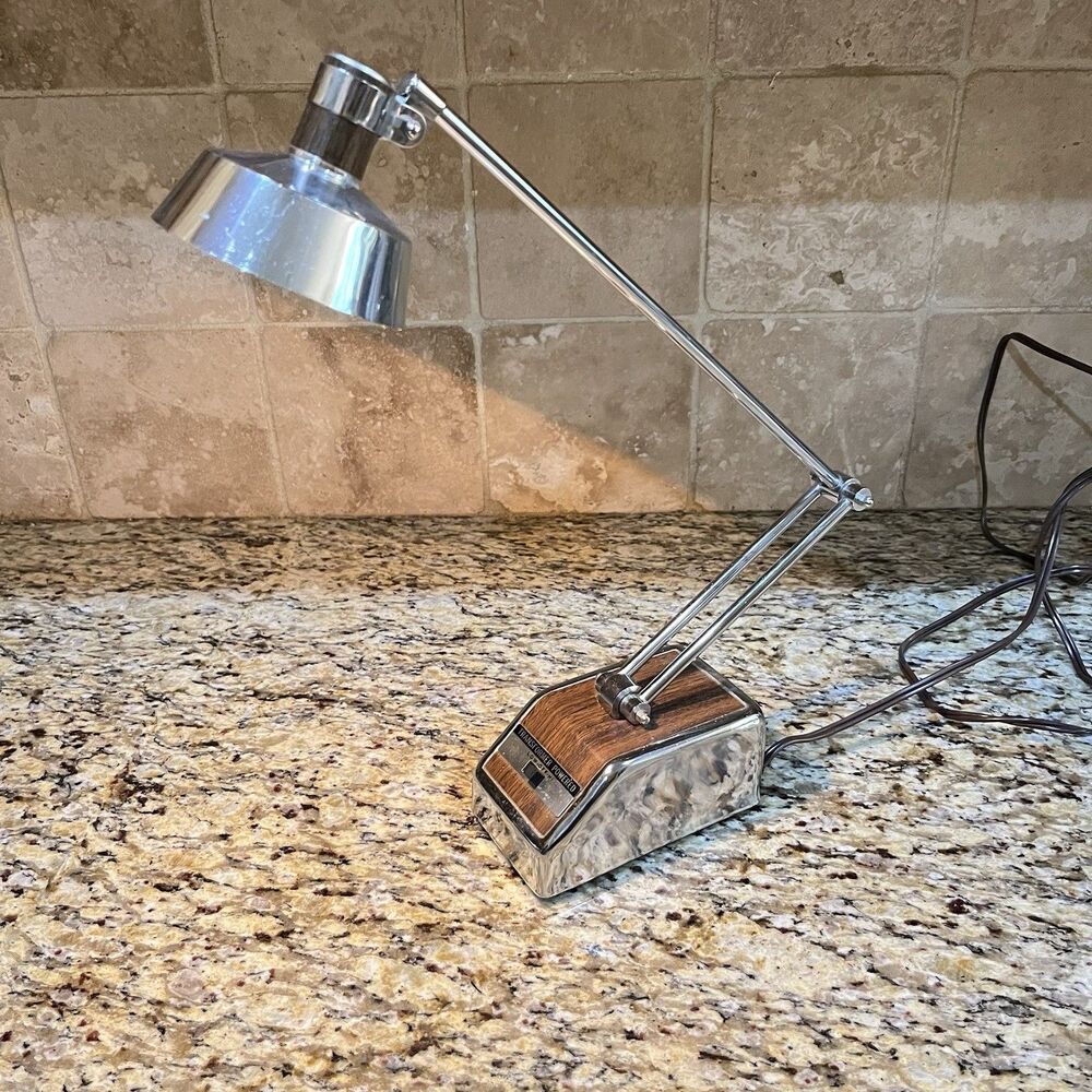 Vtg MCM Wood Chrome Transformer Powered Adjustable Desk Lamp E69325